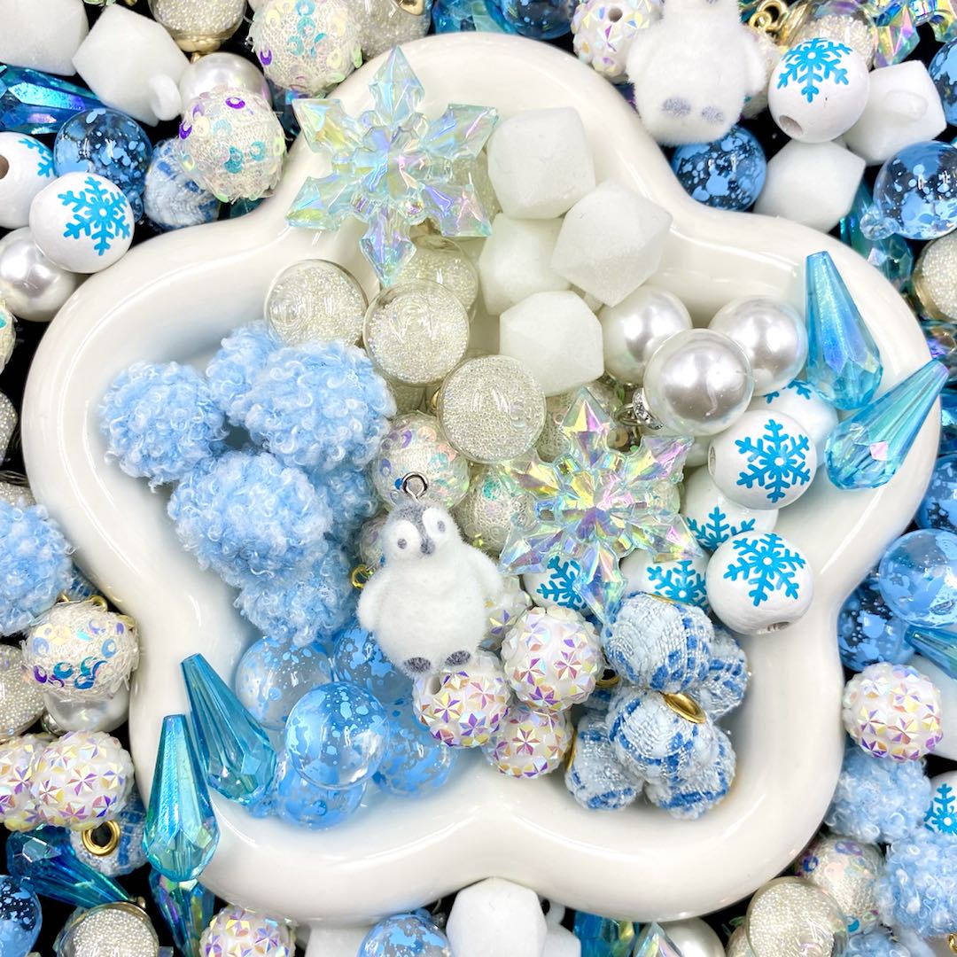 ぺんちゃんのアイスランド - 高品質ペンギン、雪花、氷柱パーツ&2種類の雪花、海の墨絵、氷ふわふわ、角砂糖ビーズ&粉雪流砂ボトル - Kosbling - beads