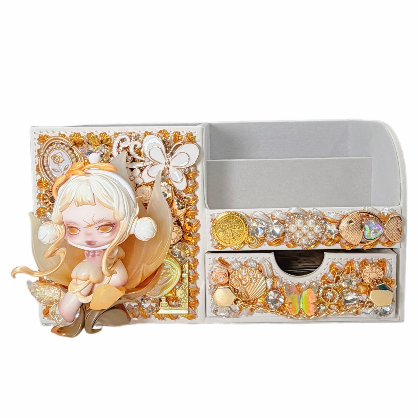 Handmade Golden Rhinestone Desk Organizer with Drawer