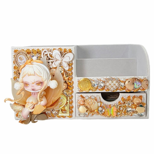 Handmade Golden Rhinestone Desk Organizer with Drawer - kosbling-ready-to-ship