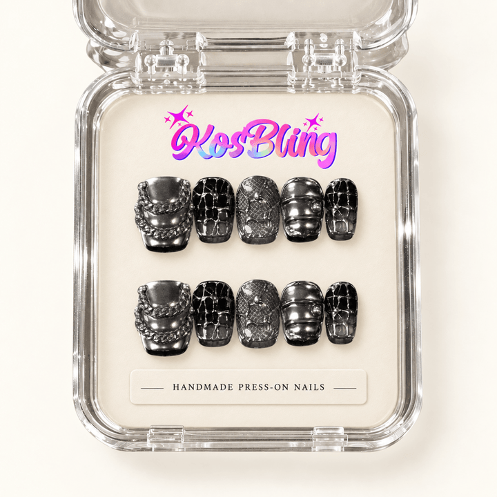 Collapse handmade 3D press-on nails in a KOSBLING packaging visualization