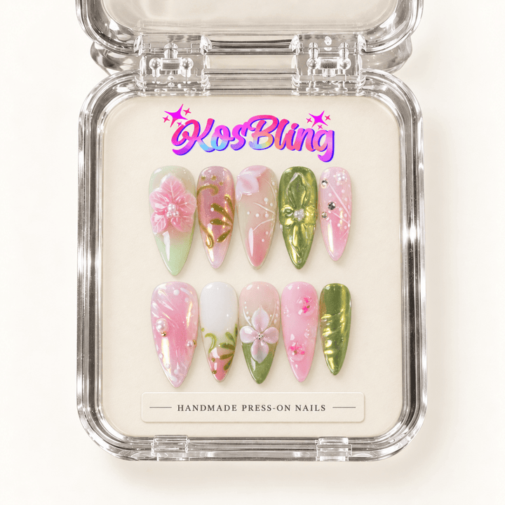 Flora handmade 3D press-on nails in a KOSBLING packaging visualization