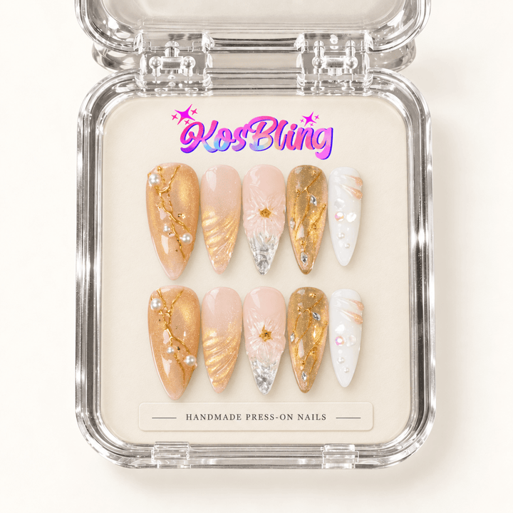 Golden Sands handmade 3D press-on nails in a KOSBLING packaging visualization
