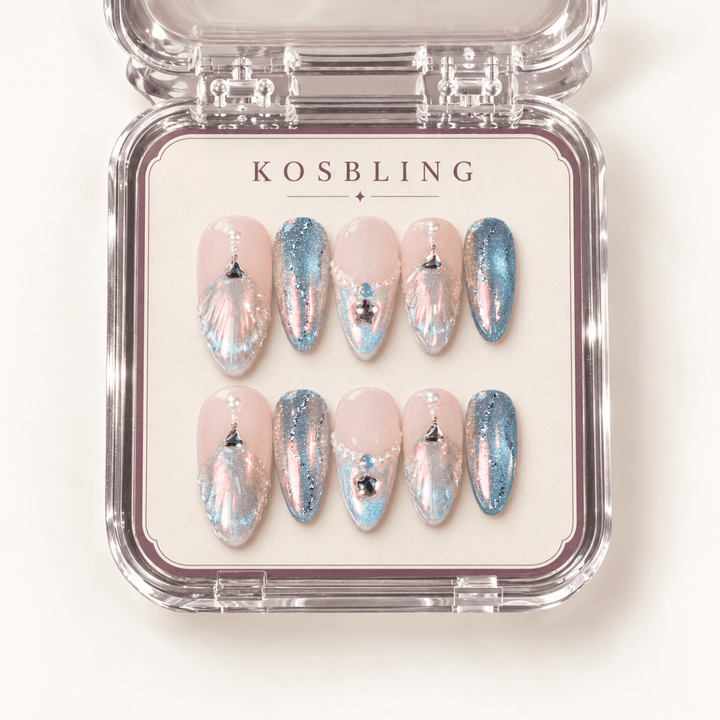 Song Of Mermaids handmade press-on nails with dimensional details in KOSBLING packaging