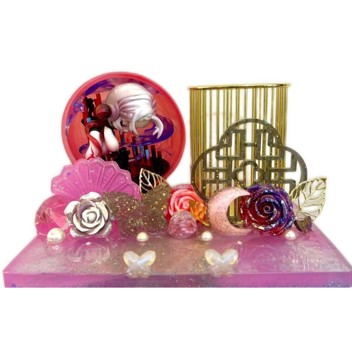 Handmade Resin Stand with Doll Brush Holder & Phone Stand Feature Blind Bag