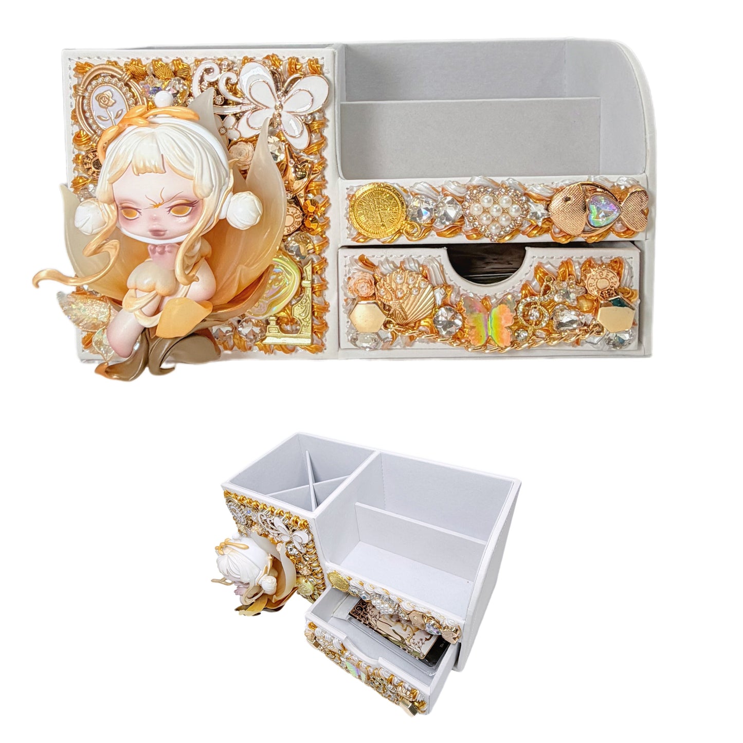 Handmade Golden Rhinestone Desk Organizer with Drawer