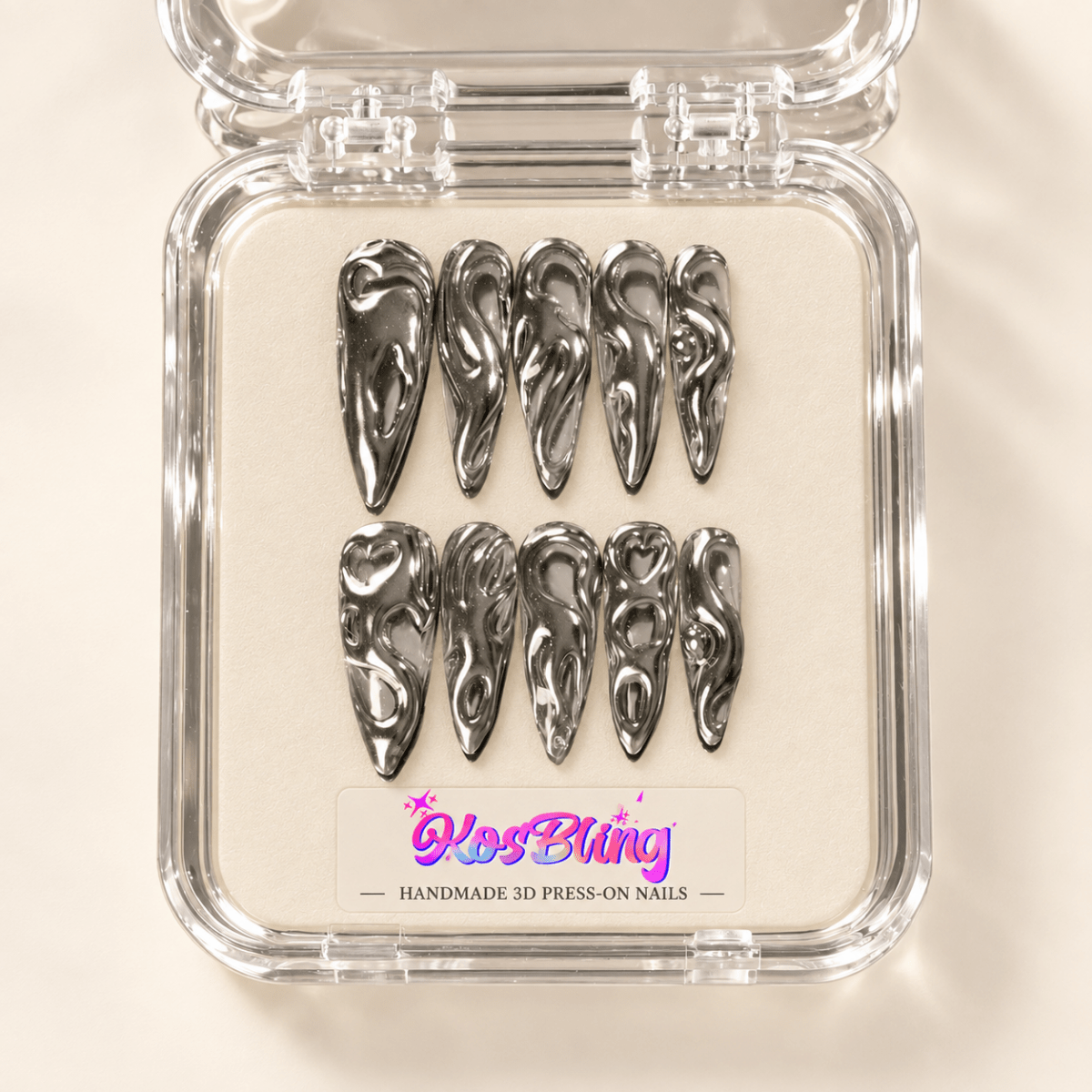 Liquid Silver — Handmade 3D Press-On Nails - kosbling-kb-handmade-3d-nails