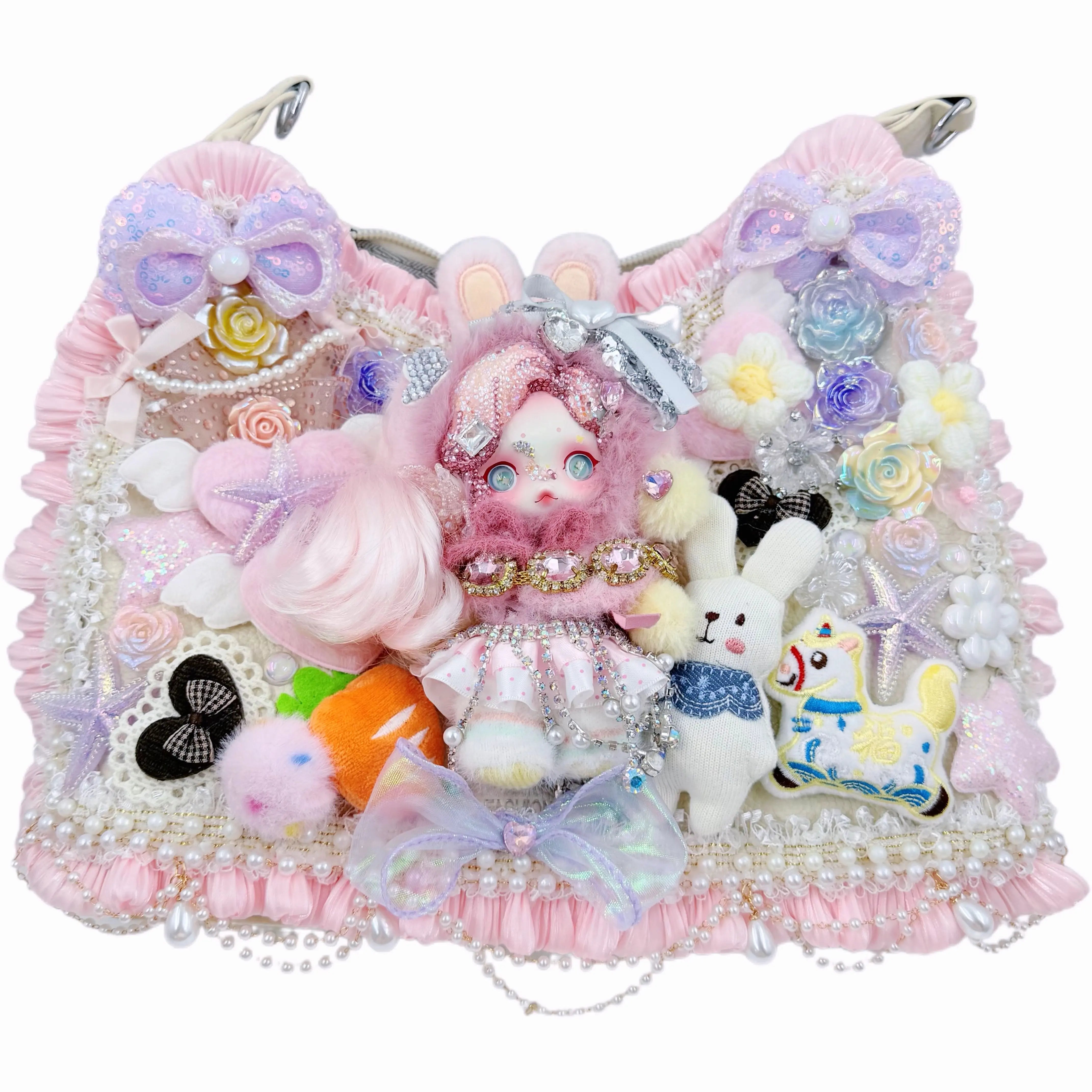 Pastel pink handmade doll handbag decorated with ribbons, pearls, flowers, and a pink-haired collectible figure