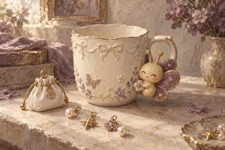 Oil-painted butterfly mug and charms design inspiration