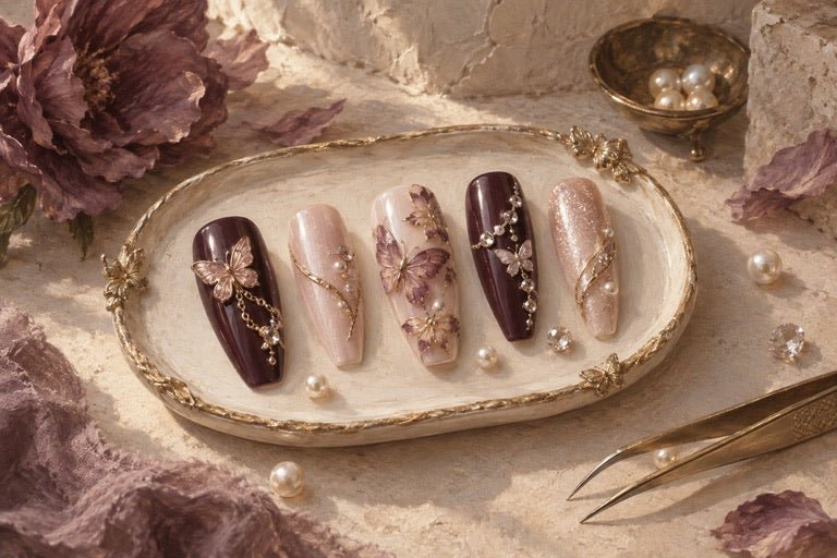 Oil-painted plum and pearl handmade nail design inspiration
