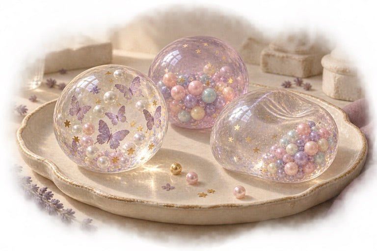 Warm ivory and lavender transparent filled stress ball design inspiration