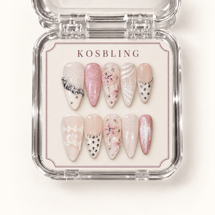Adore You handmade press-on nails with dimensional details in KOSBLING packaging