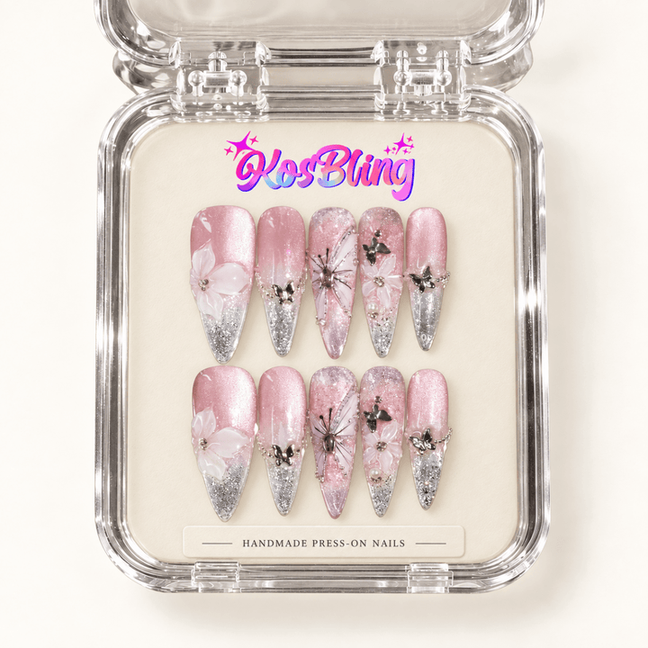 Butterflies In My Stomach handmade 3D press-on nails in a KOSBLING packaging visualization