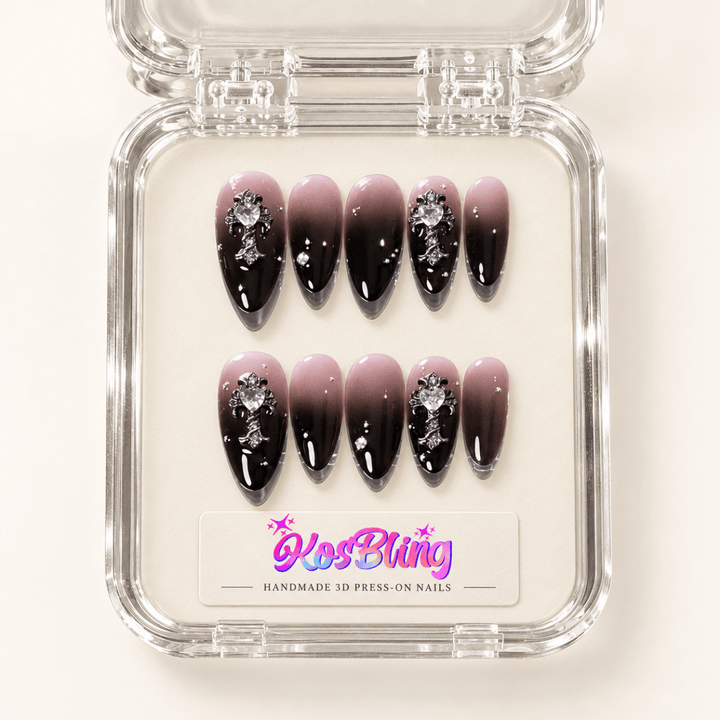 Carbon Dust handmade 3D press-on nails in a KOSBLING packaging visualization
