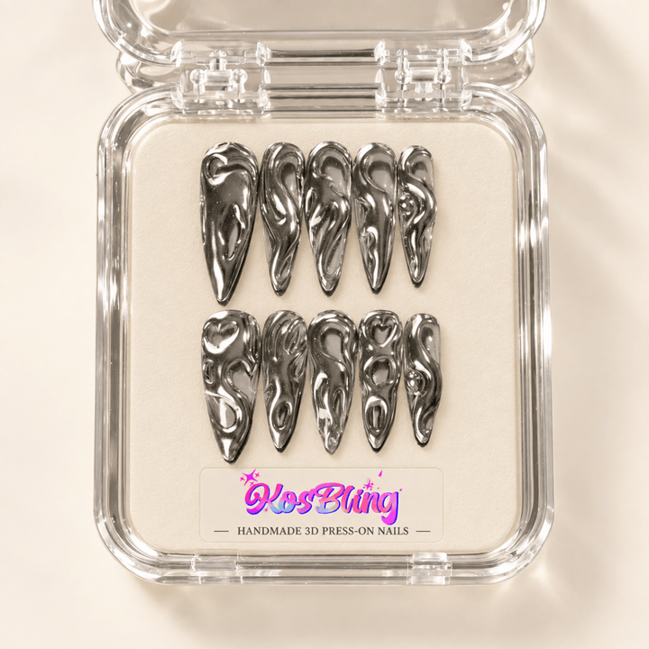 Liquid Silver handmade 3D press-on nails in a KOSBLING packaging visualization