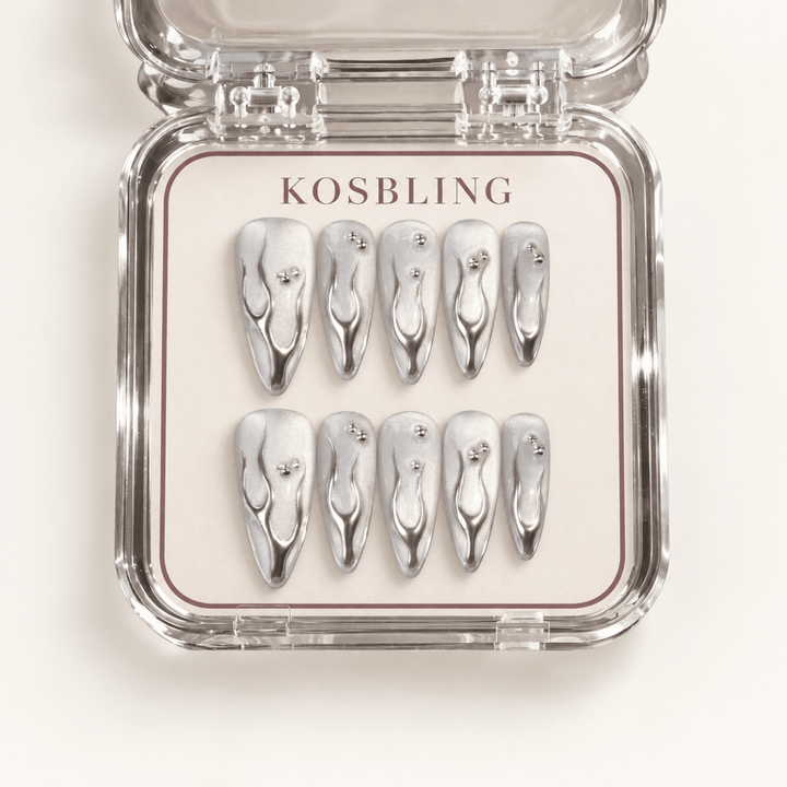 Mercury handmade press-on nails with dimensional details in KOSBLING packaging