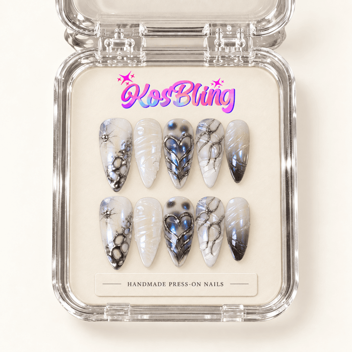Milky Way handmade 3D press-on nails in a KOSBLING packaging visualization