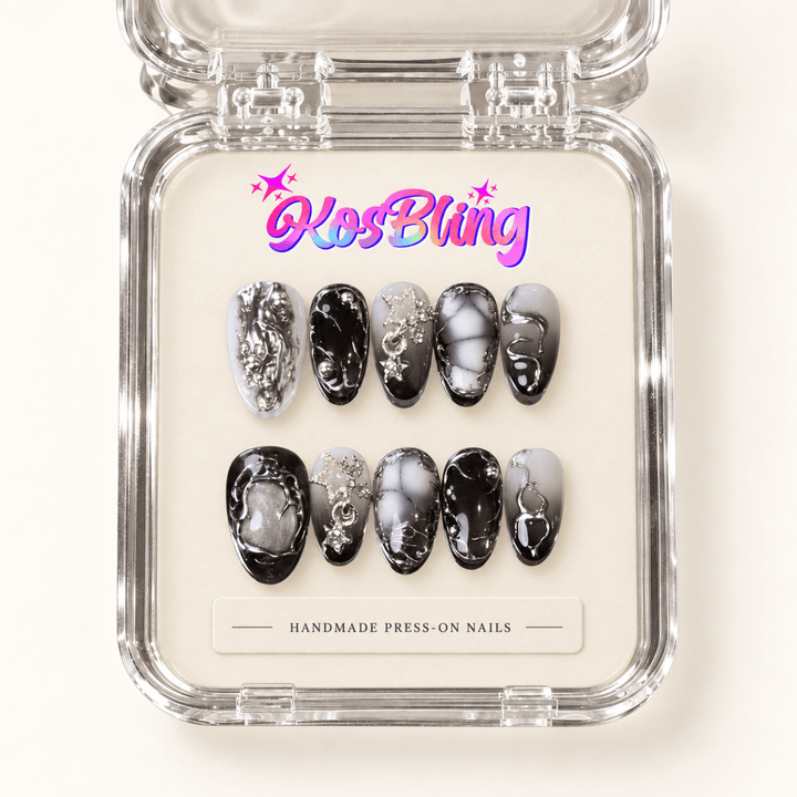 Moonfall handmade 3D press-on nails in a KOSBLING packaging visualization