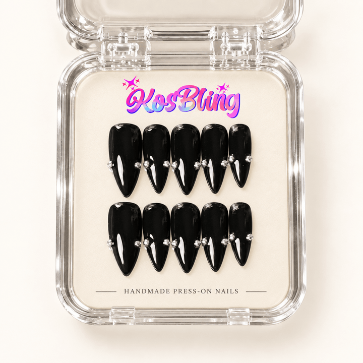 Onyx handmade 3D press-on nails in a KOSBLING packaging visualization