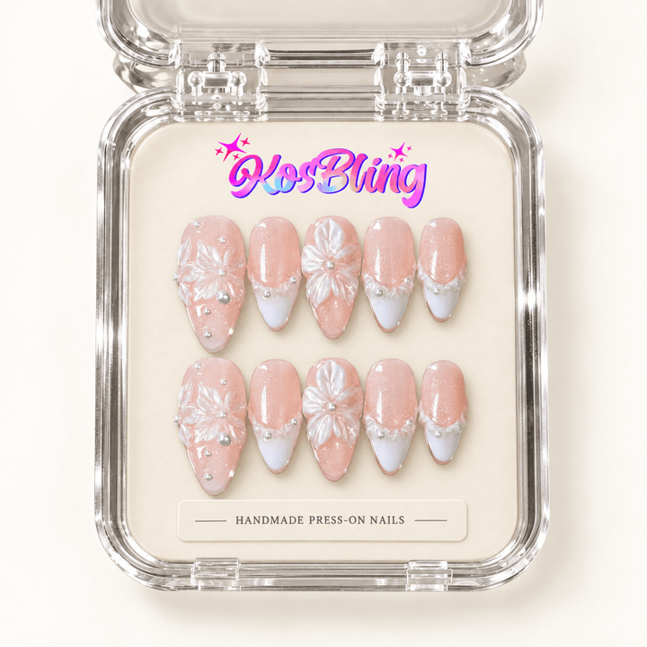 Petal Whisper handmade 3D press-on nails in a KOSBLING packaging visualization