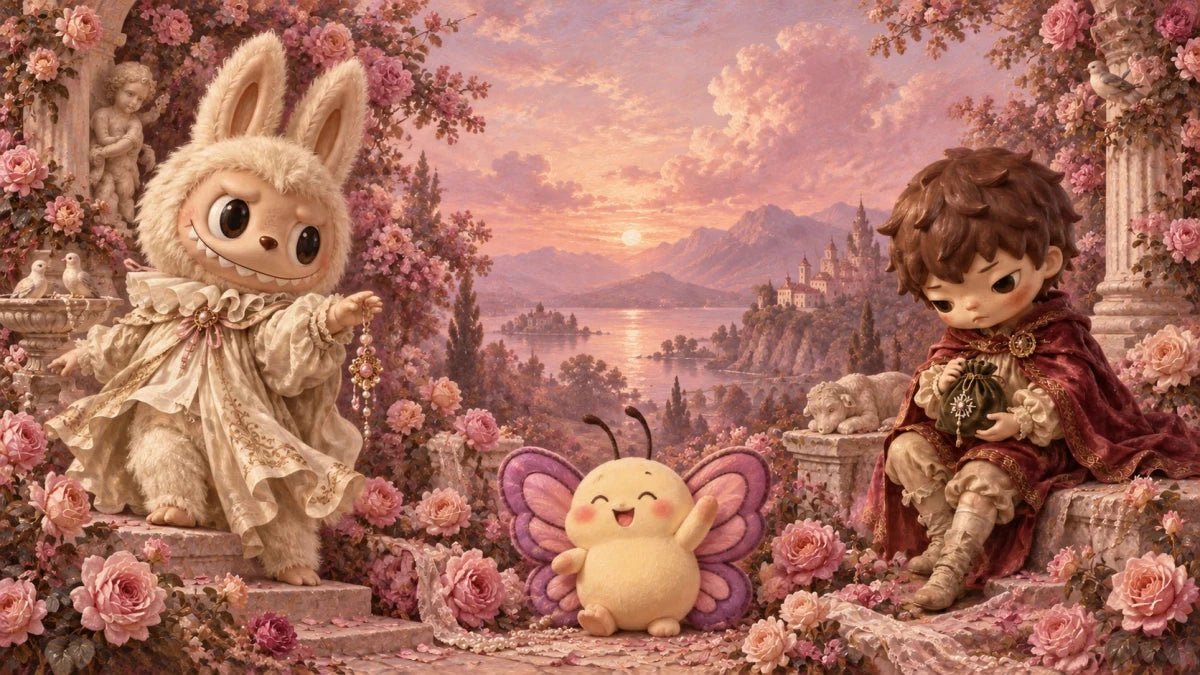 KOSBLING’s yellow and purple butterfly alongside Labubu and Hirono in a rose-pink oil-painted garden
