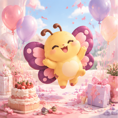 Happy butterfly mascot celebrating with balloons, cake and wrapped gifts.