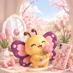 Butterfly mascot holding pink tulips beside a mirror and decorated phone.