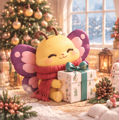Butterfly mascot in a red scarf holding a gift beside a Christmas tree and snowy window.