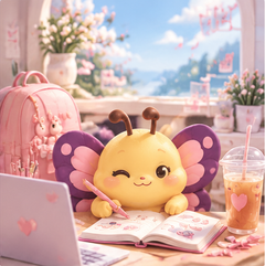 Butterfly mascot studying at a desk with notebook, laptop and pink backpack.