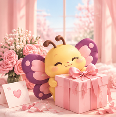Butterfly mascot presenting a pink ribboned gift beside roses and a heart card.