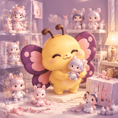 Butterfly mascot hugging a little doll in a cozy room of collectibles.