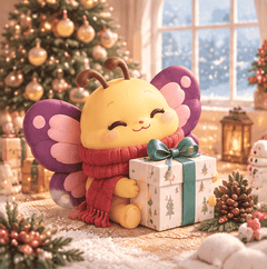 Butterfly mascot in a red scarf holding a gift beside a Christmas tree and snowy window.