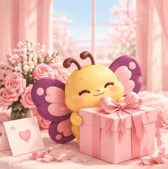 Butterfly mascot presenting a pink ribboned gift beside roses and a heart card.